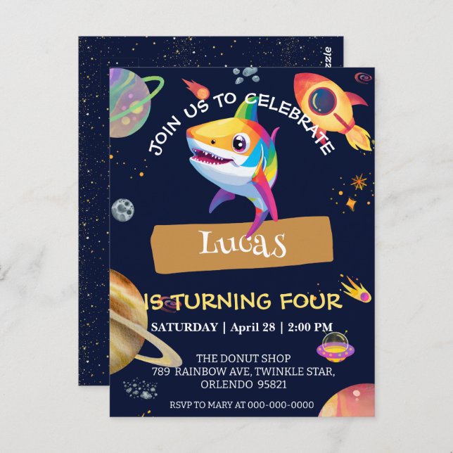 Söt haj regnbåge Galaxy rymdfödelsedagsfest Vykort (Fram/baksida)
