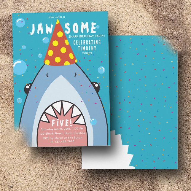 Söt hajface i havet barnkalas inbjudningar (Cute Shark Face in Ocean Kids Birthday Party Invitation)