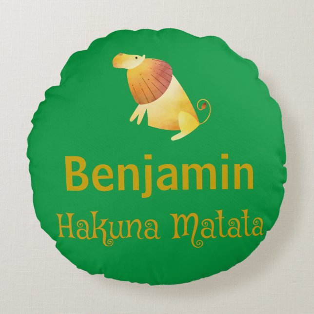 Söt Hakuna Matata Safari Lejon Grön Rund Kudde (Framsidan)