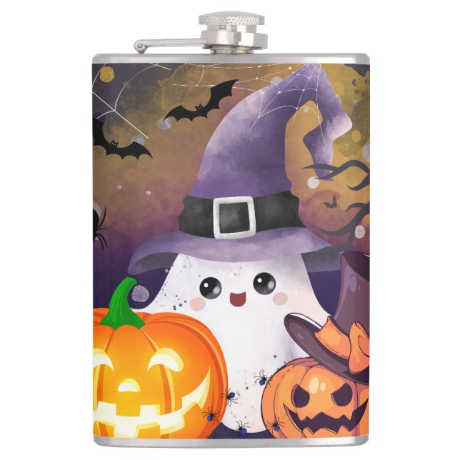 Söt Halloween-ande med häxhatt och pumpor Fickplunta (Framsidan)