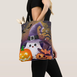 Söt Halloween-ande med häxhatt och pumpor Tygkasse