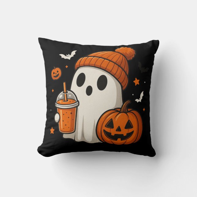 Söt Halloween-ande med pumpa och dryck  Kudde (Framsida)
