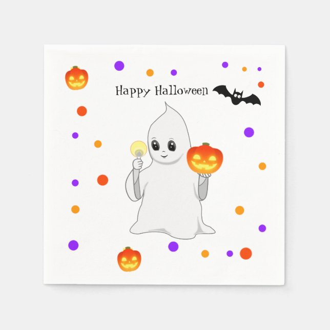 Söt Halloween-baby-ghost och pumpor på vit Pappersservett (Framsidan)