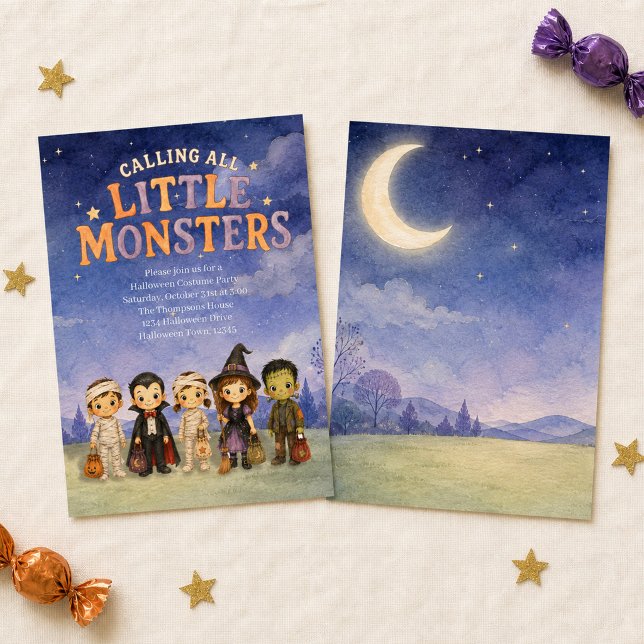 Söt Halloween-barnkostymfest  Inbjudningar (Invite little monsters to a whimsical watercolor Halloween costume party!)