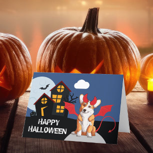Söt Halloween-Corgi i Djävulskostym Helgkort