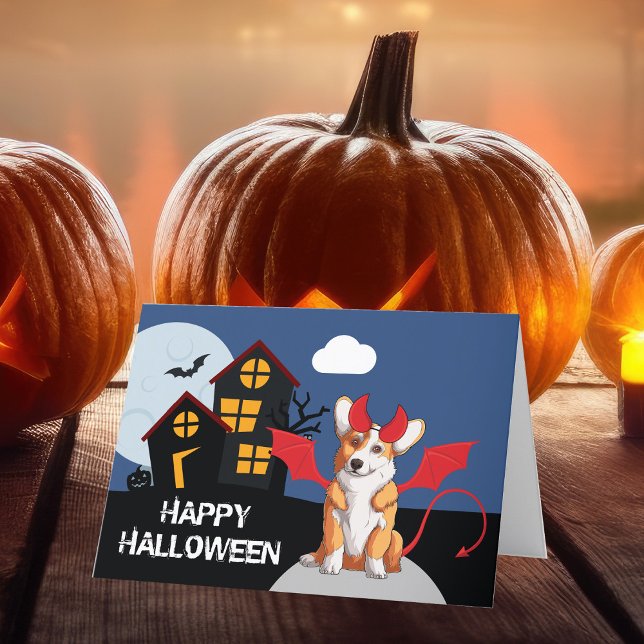 Söt Halloween-Corgi i Djävulskostym Helgkort (Skapare uppladdad)