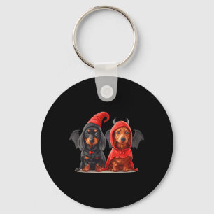 Söt Halloween Dachshund Hundar Djävul Kostym Svart Nyckelring