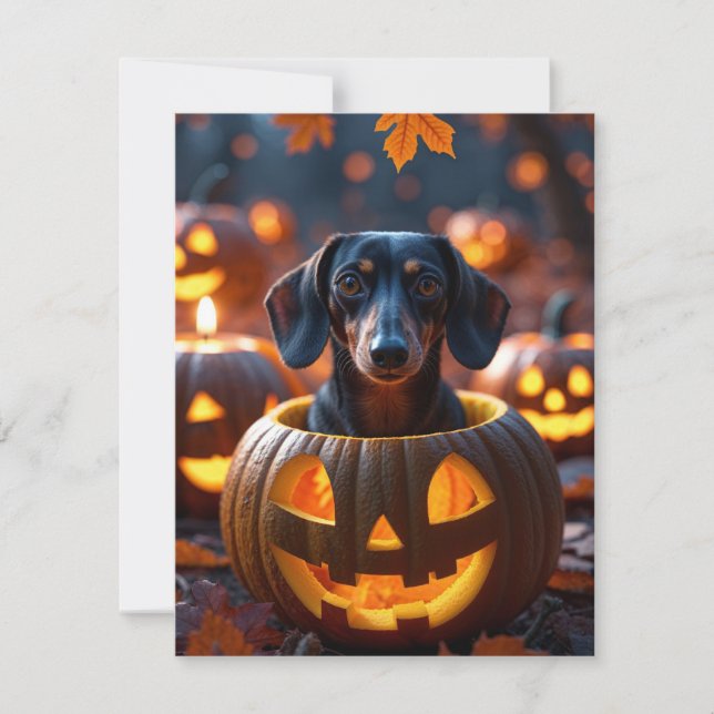 Söt Halloween-dachshundhund i urgröpt pumpor Julkort (Framsida)