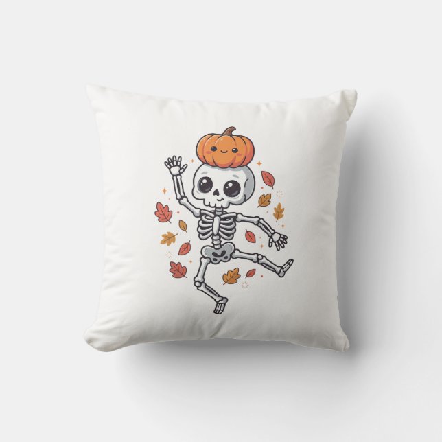 Söt Halloween-dansande skelett med pumpahuvud Kudde (Framsida)