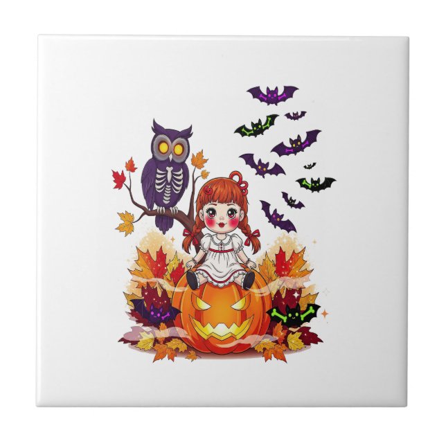 Söt Halloween-docka uggla Kakelplatta (Framsidan)
