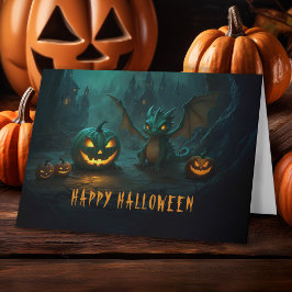 Söt Halloween-drake med skrämmande pumpor Helgkort