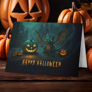 Söt Halloween-drake med skrämmande pumpor Helgkort