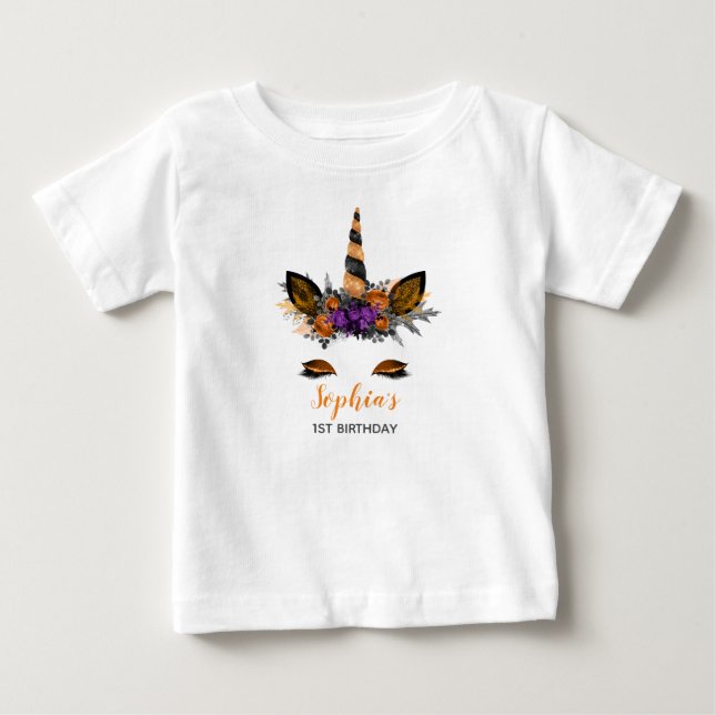 Söt Halloween-enhörning Orange Flickas Första Föde T Shirt (Framsida)