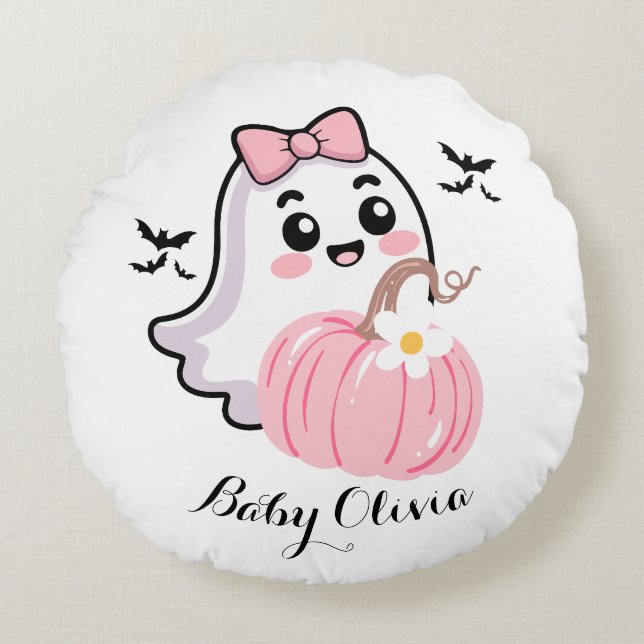 Söt halloween-filt, spökbuggpumpad rosa rund kudde (Framsidan)
