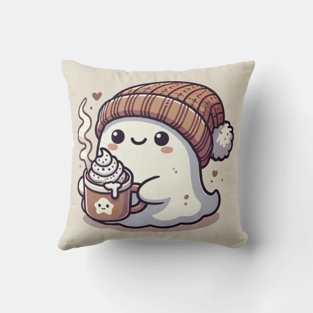 Söt Halloween-ghost i högt mössa & varm choklad Kudde (Baksida)