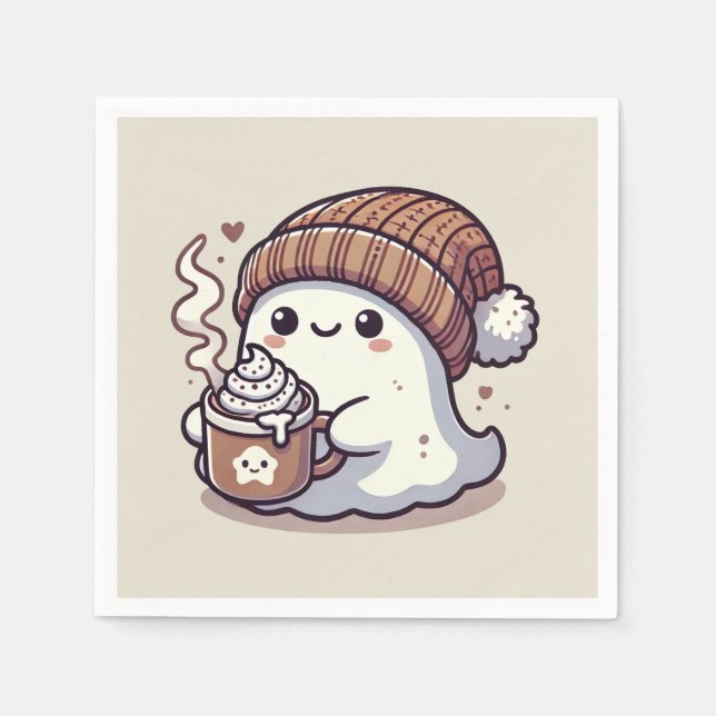 Söt Halloween-ghost i högt mössa & varm choklad Pappersservett (Framsidan)