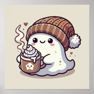 Söt Halloween-ghost i höstbeanie och varm choklad Poster