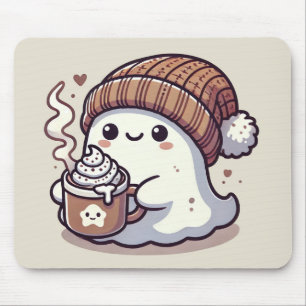 Söt Halloween-ghost i hösttröja & het choklad Musmatta