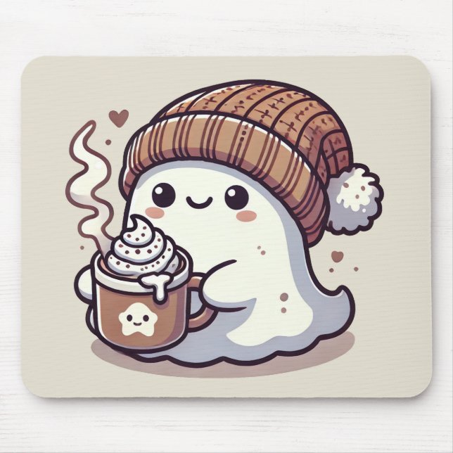 Söt Halloween-ghost i hösttröja & het choklad Musmatta (Framsidan)