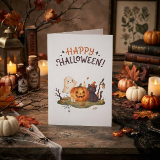 Söt Halloween-ghost, katt & pumpa Kort