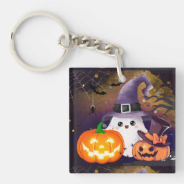Söt Halloween-ghost med häxhatt och pumpor