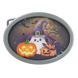Söt Halloween-ghost med häxhatt och pumpor
