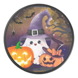 Söt Halloween-ghost med häxhatt och pumpor