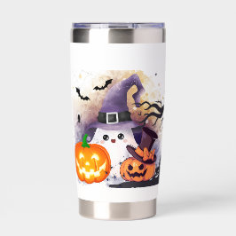 Söt Halloween-ghost med häxhatt och pumpor