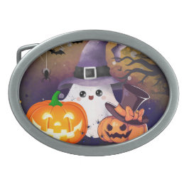 Söt Halloween-ghost med häxhatt och pumpor
