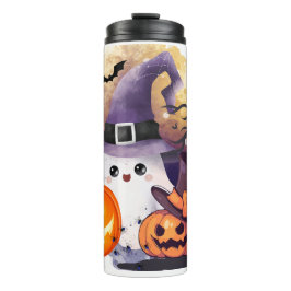 Söt Halloween-ghost med häxhatt och pumpor