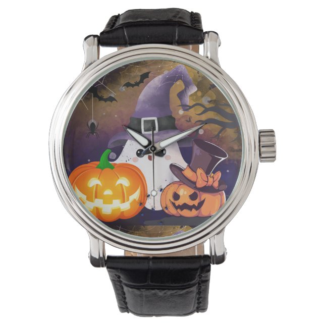 Söt Halloween-ghost med häxhatt och pumpor Armbandsur (Framsida)