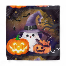 Söt Halloween-ghost med häxhatt och pumpor