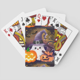 Söt Halloween-ghost med häxhatt och pumpor Casinokort