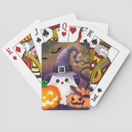 Söt Halloween-ghost med häxhatt och pumpor Casinokort