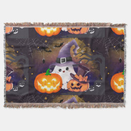 Söt Halloween-ghost med häxhatt och pumpor Filt