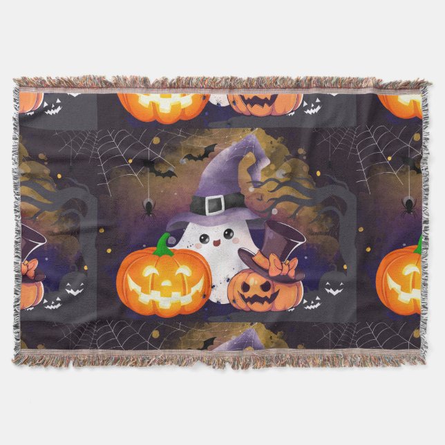 Söt Halloween-ghost med häxhatt och pumpor Filt (Framsidan)