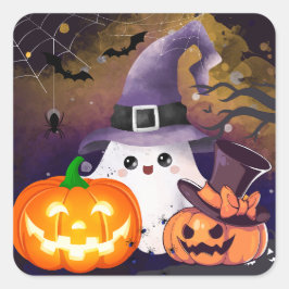 Söt Halloween-ghost med häxhatt och pumpor Fyrkantigt Klistermärke