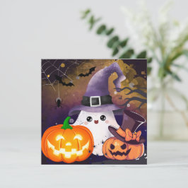 Söt Halloween-ghost med häxhatt och pumpor Inbjudningar