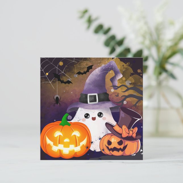Söt Halloween-ghost med häxhatt och pumpor Inbjudningar (Stående Fram)
