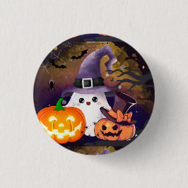 Söt Halloween-ghost med häxhatt och pumpor Knapp