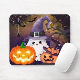 Söt Halloween-ghost med häxhatt och pumpor Musmatta