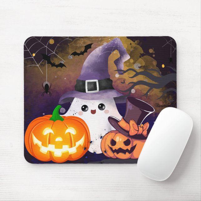 Söt Halloween-ghost med häxhatt och pumpor Musmatta (Med mus)