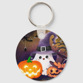 Söt Halloween-ghost med häxhatt och pumpor Nyckelring