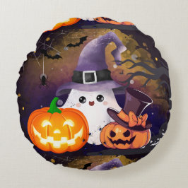 Söt Halloween-ghost med häxhatt och pumpor Rund Kudde