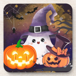Söt Halloween-ghost med häxhatt och pumpor Underlägg