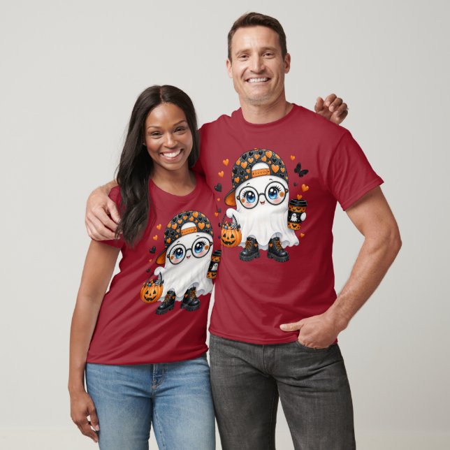 Söt Halloween-ghost med kaffe och pumpa T Shirt (Unisex)