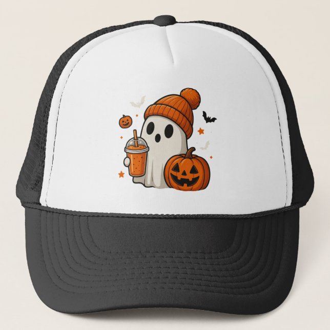 Söt Halloween-ghost med pumpa och dryck  Keps (Framsida)