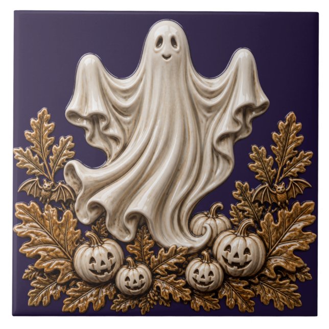 Söt Halloween-ghost och Jack O Lanterns Kakelplatta (Framsidan)