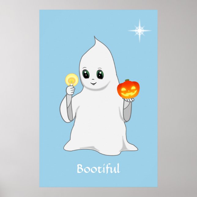 Söt Halloween-ghost och pumpa på ljusblå  Poster (Framsidan)