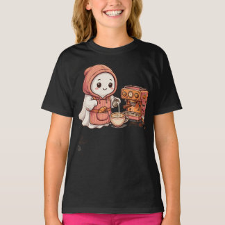 Söt Halloween-ghost som dricker kafferamen nudlar T Shirt